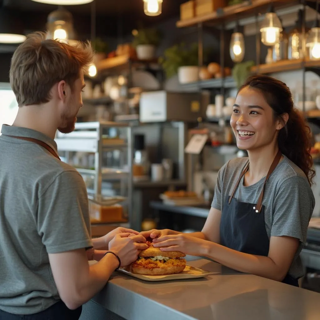 Cliente sonriente recibiendo su pedido en Chicken Road