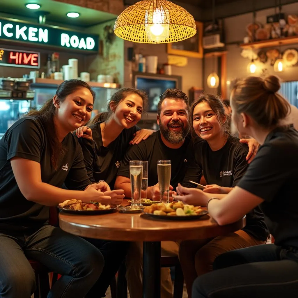 Equipo de Chicken Road celebrando en el restaurante